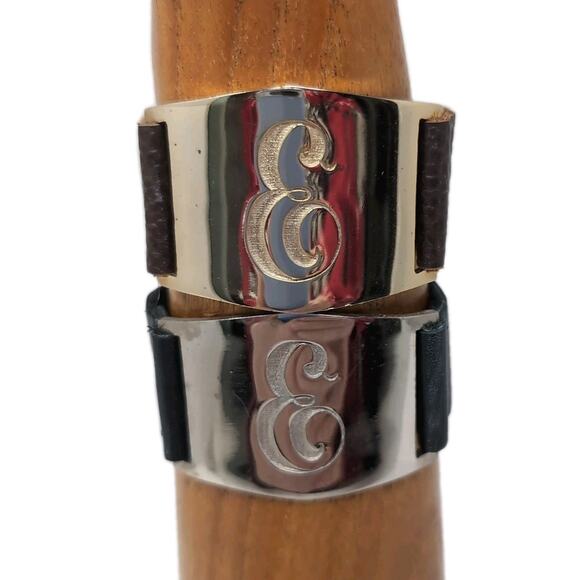 LISA STEWART Lot 2 Initial E Silver Tone Black Gold Tone Brown Leather Bracelets - Picture 4 of 15